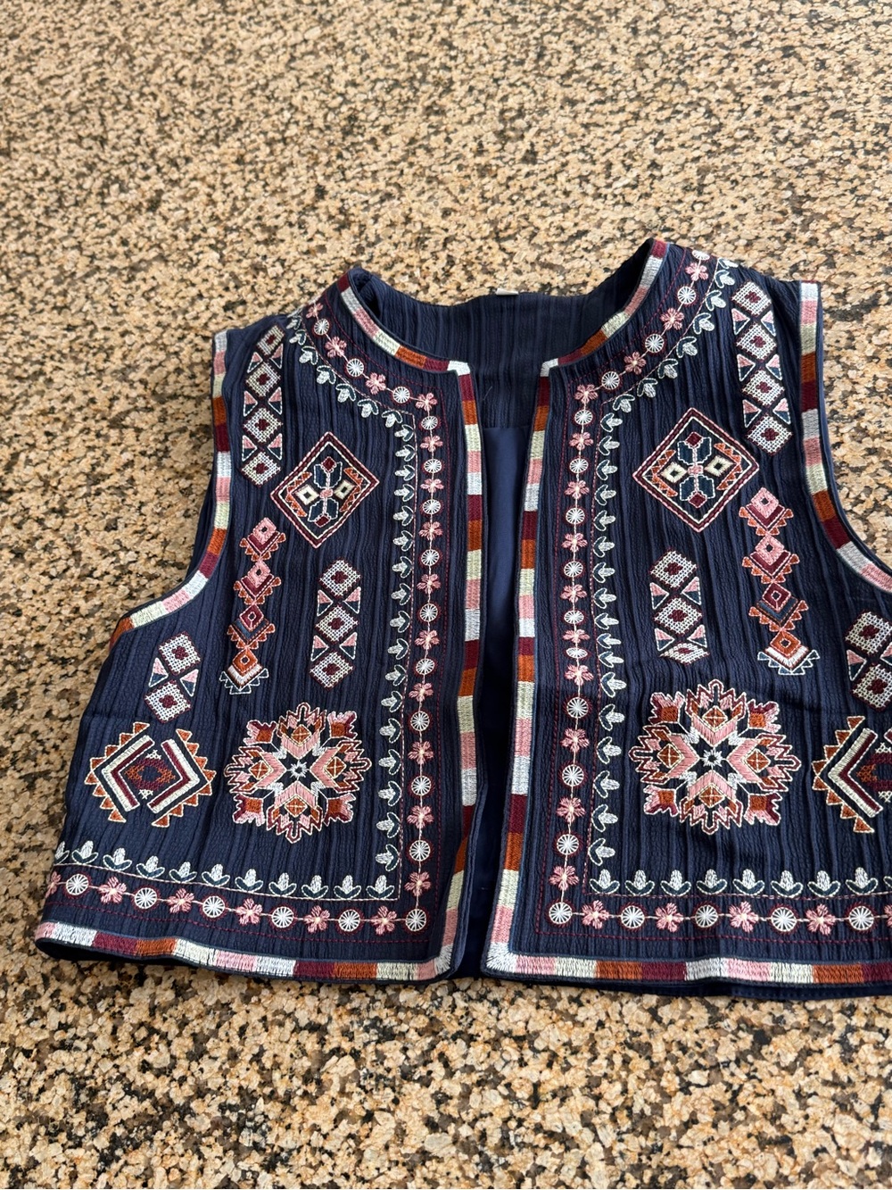 Embroidered Navy Boho Vest with Multicolor Accents